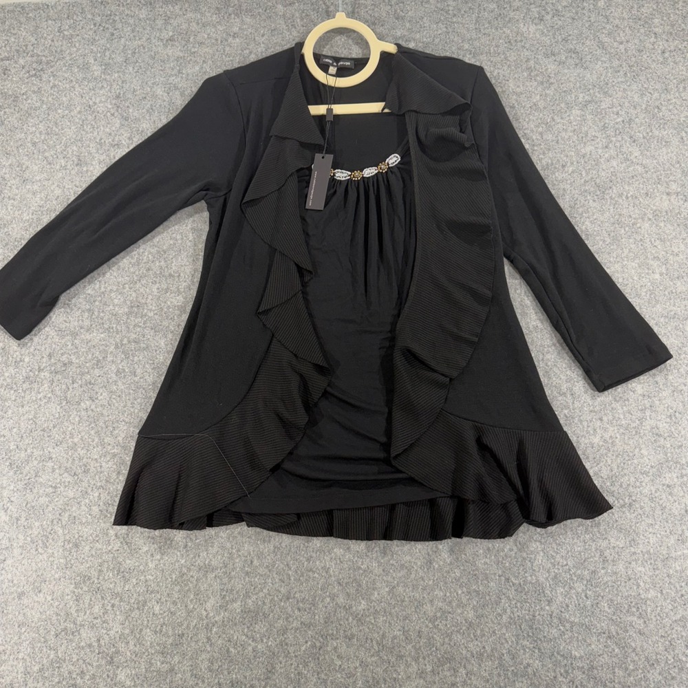 Cable & Gauge Womens Black Ruffle Cardigan and Embellished Top Set Size M NWT